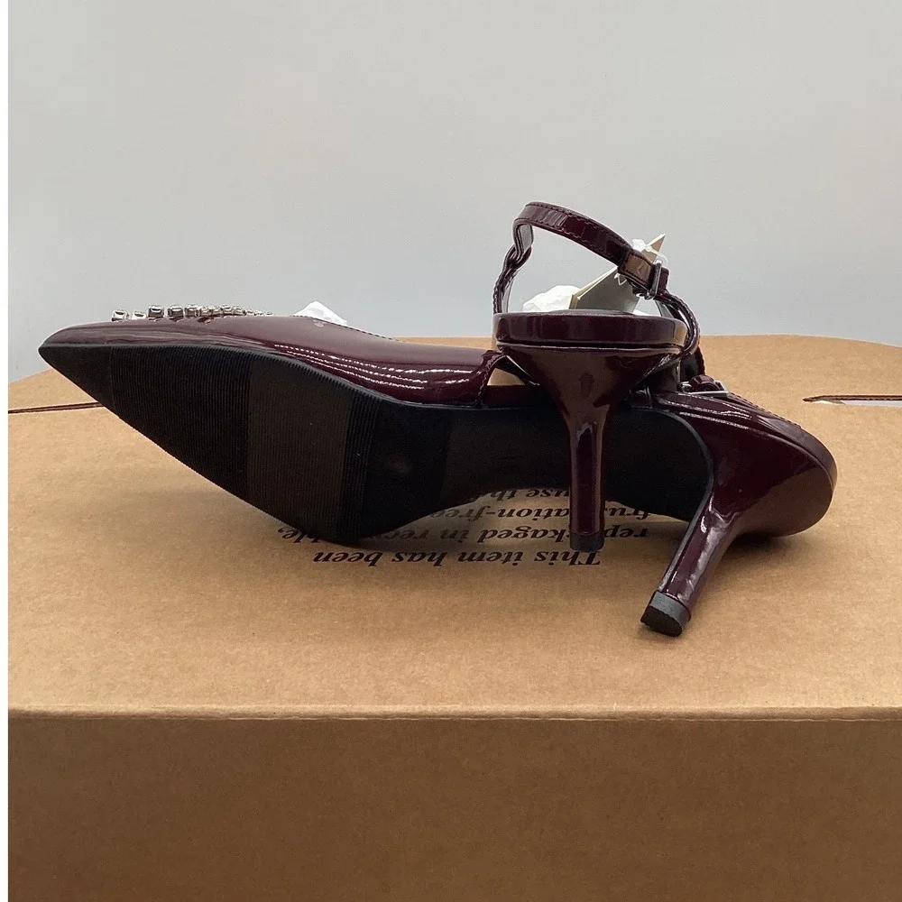 A New Day Womens Burgundy Patent Rhinestone‎ Slingback Kitten Heel Pumps Size 11